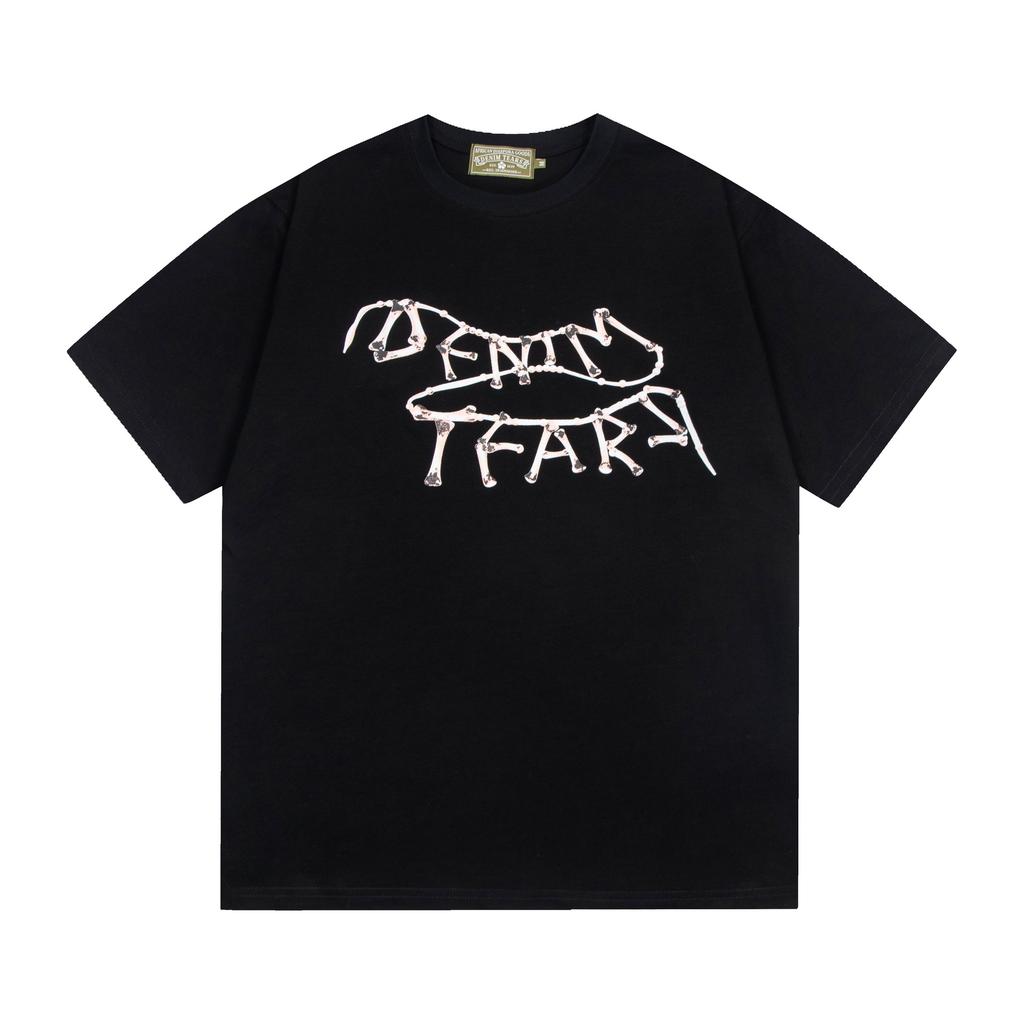 Denim Tears Limited Skeleton Splicing Printed Short-sleeved T-shirt Men's and Women's Same Summer Wear Trendy Brand