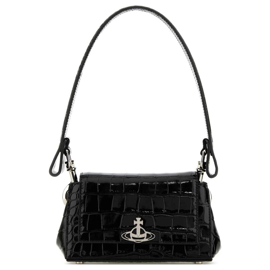 VIVIENNE WESTWOOD Silver Metal Accessories Crocodile Pattern Embossed Leather Shoulder Bag Women Shoulder Bag Black 46030001WL0098N401