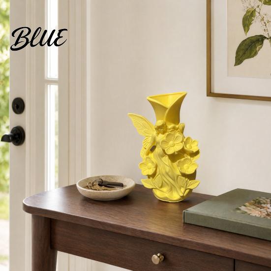 Nordic Style Vase 3D Printed Fairy Garden Sculpture Vase, Fantasy Flower Pot with Cream Yellow Statue, Dual-Use Holder for Desktop Entryway & Creative