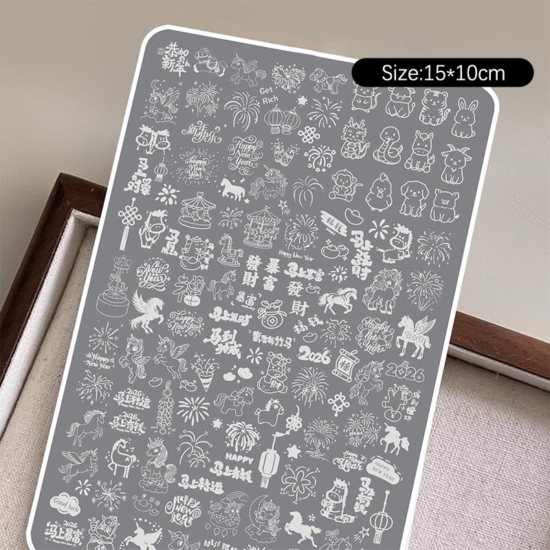 2026 Horse Year Nail Stamping Plates  Year'S Horse Snowflake Geometric Pattern Stencil Nail Art Stamps Template Nail Tools