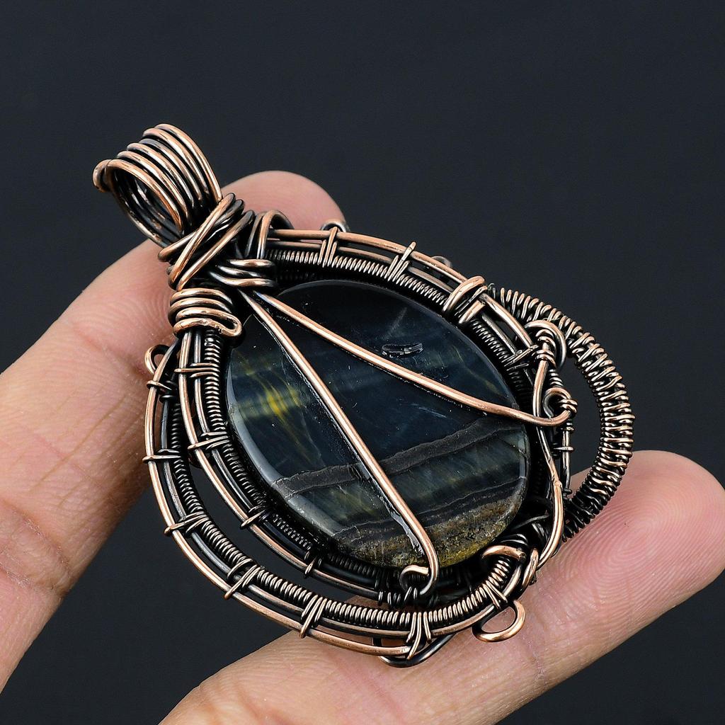 Blue Tiger Eye Pendant, 999 Copper Wire Wrapped Pendant Jewelry. Gift For Women Handmade Pendant Gemstone Jewelry