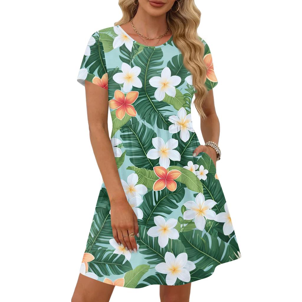 Dresses For Women Short Sleeve Print Round Neck Casual Dresses Waist Dress With Pockets