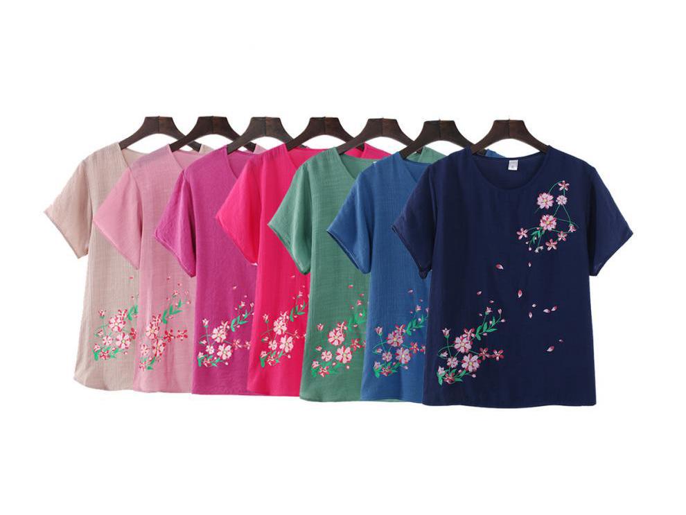 Women's Summer Cotton Linen Short-Sleeved Two-Piece Set: Grandma Mom Pajama Top and Pants.