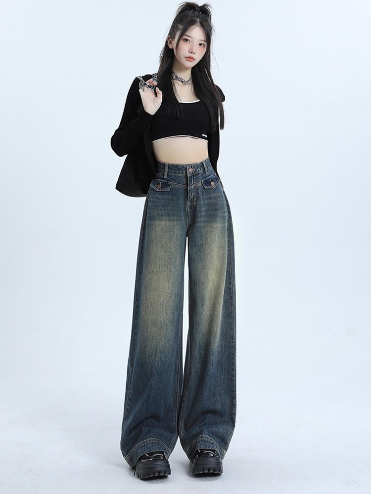 Women s Summer Retro High-Waist Wide-Leg Jeans: Loose, Straight-Leg, Floor-Length Dad Pants. XS
