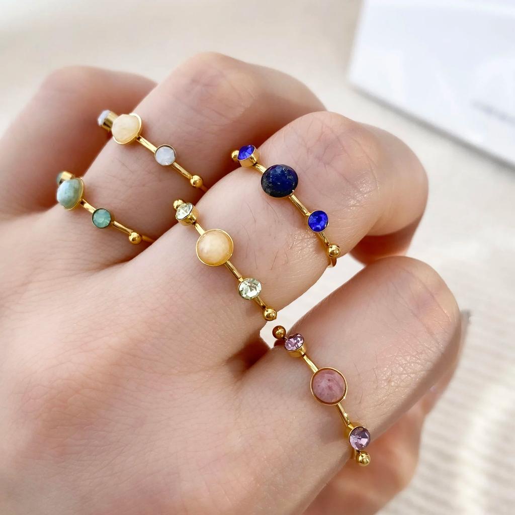 CARLIDANA French Style Light Luxury Gold Plated Stainless Steel Pendant Ring Colorful Natural Stone Open Finger Ring Women