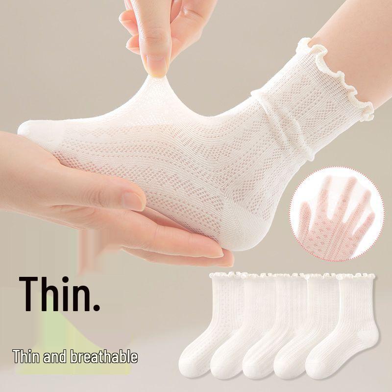 5 Pairs of Breathable Mesh Mid-Calf Lace Socks for Baby Girls - Perfect for Spring/Autumn