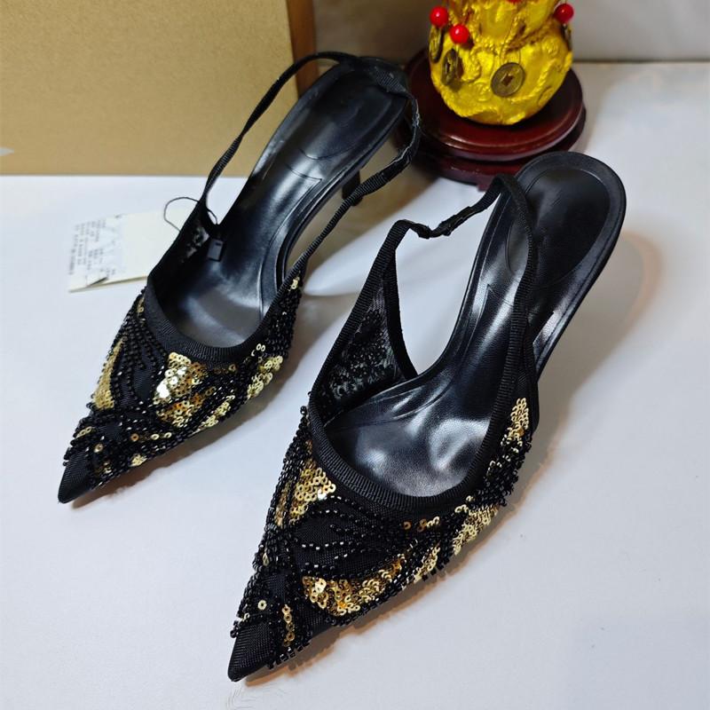 Fashion Bling Bling Fashion Sequined String Bead Women Pumps Summer Elegant Pointed Toe Air Mesh Slingbacks Thin High Heels Party Shoes