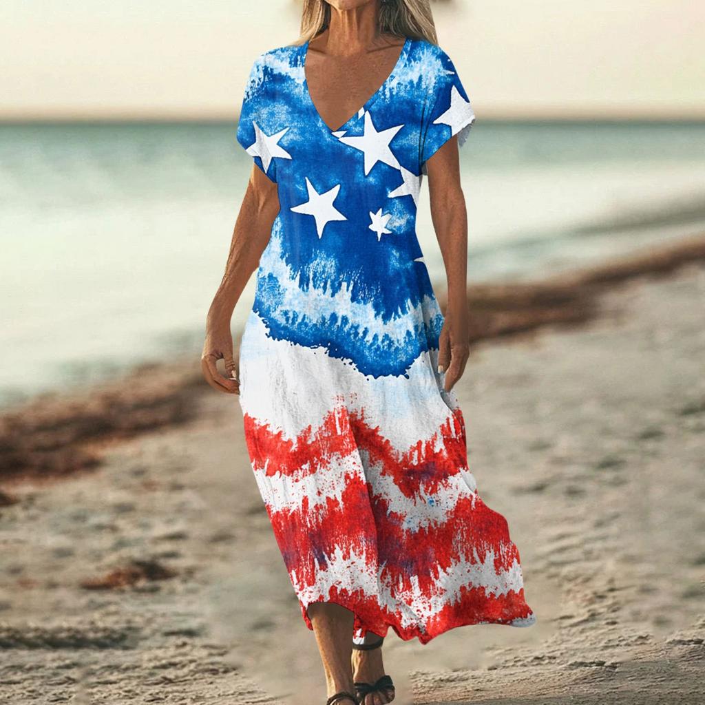 Sommerkleid Damen Lang Strandkleid Elegantes Kleid V-Ausschnitt Kurzarm Sommerkleid Leicht Luftig