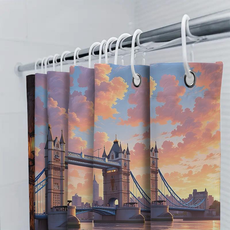 London Bridge Scenic Shower Curtain For Bathroom Decor - Vibrant Sunset View On Thames River - Waterproof And Durable Fabric