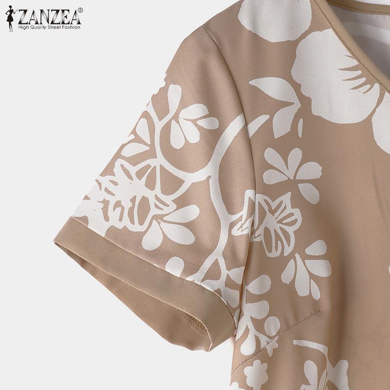 ZANZEA Women Vintage Elastic Waist Printed V-Neck Short-Sleeved Tops Pants Two Piece Sets