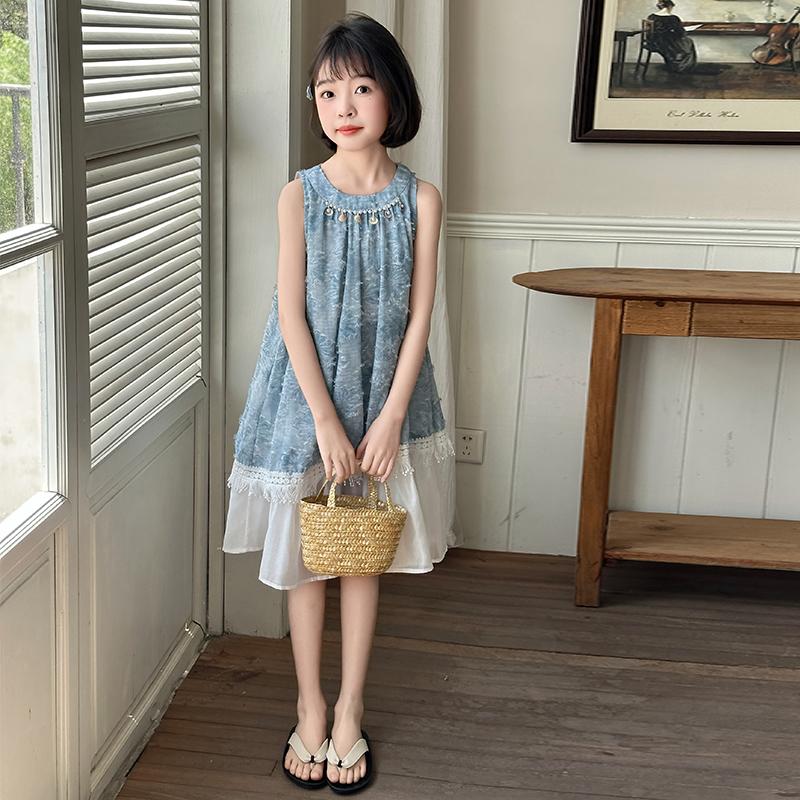 Girls' Dress Summer 2026 New Style Mid University Children's Stylish Tank Top Skirt Girls' Lace Holiday Beach Skirt Trendy