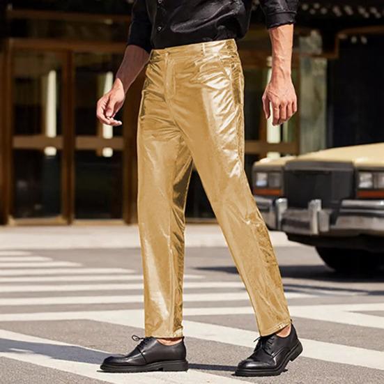 Men Pants Mid-rise Button Zipper Fly Shiny Casual Trousers with Reinforced Pockets Solid Color Glossy Club Pants