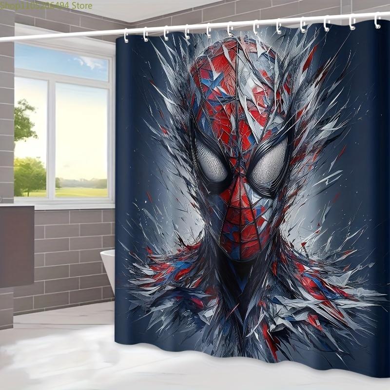 1pc Superhero Shower Curtain with Hook - Vibrant Red & Blue Design, Polyester Material, Machine Washable, All-Season Use, Bath