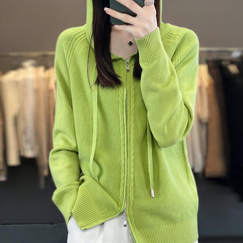 Autumn and Winter Hooded Casual Knitted Cardigan Simple Fashion Style Loose Knitted Sweater