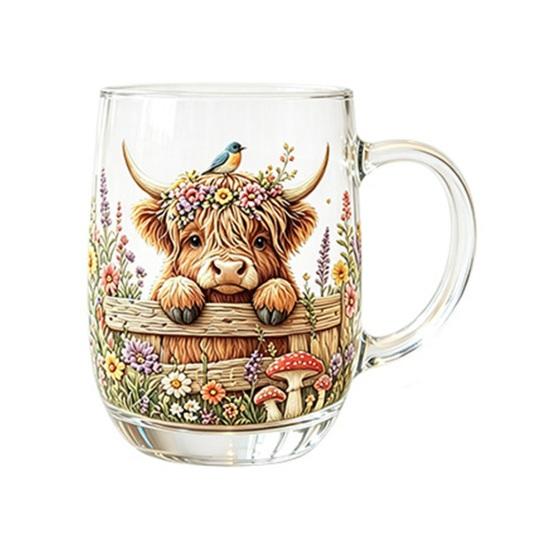 350ML Hand-painted Highland Cow Coffee Mug with Glass Highland Cattle Handle Heat-Resistant Tea D