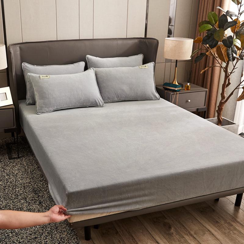 Solid Color Crystal Velvet Fitted Sheet Set - Single Piece Bed Sheet with Mattress Protector