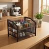 Three-Tier Mesh Rack Wood-Tone Coffee Condiment Organizer Compact