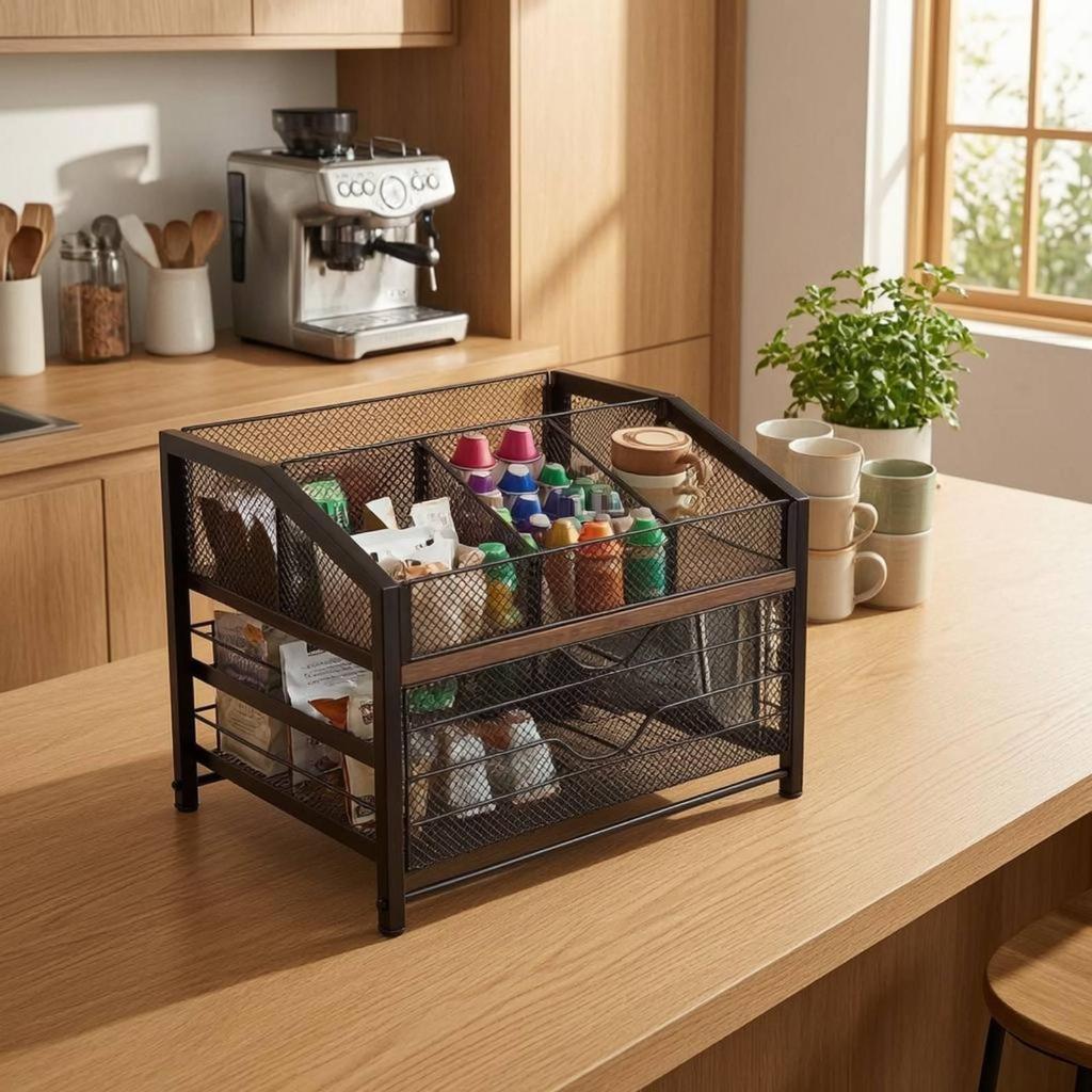 Three-Tier Mesh Rack Wood-Tone Coffee Condiment Organizer Compact
