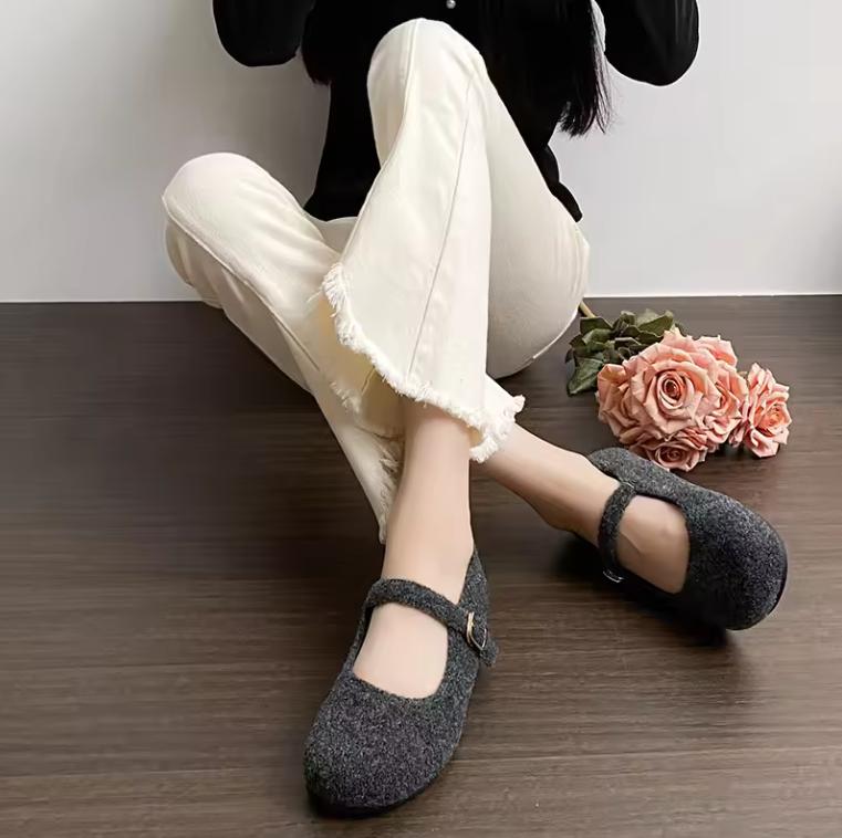 Square Toe Felt Woolen Mary Janes Woman Tabis Flats Cotton Shoes Ladies Winter Strap Buckle Loafers Female Boots Furry Mocasines