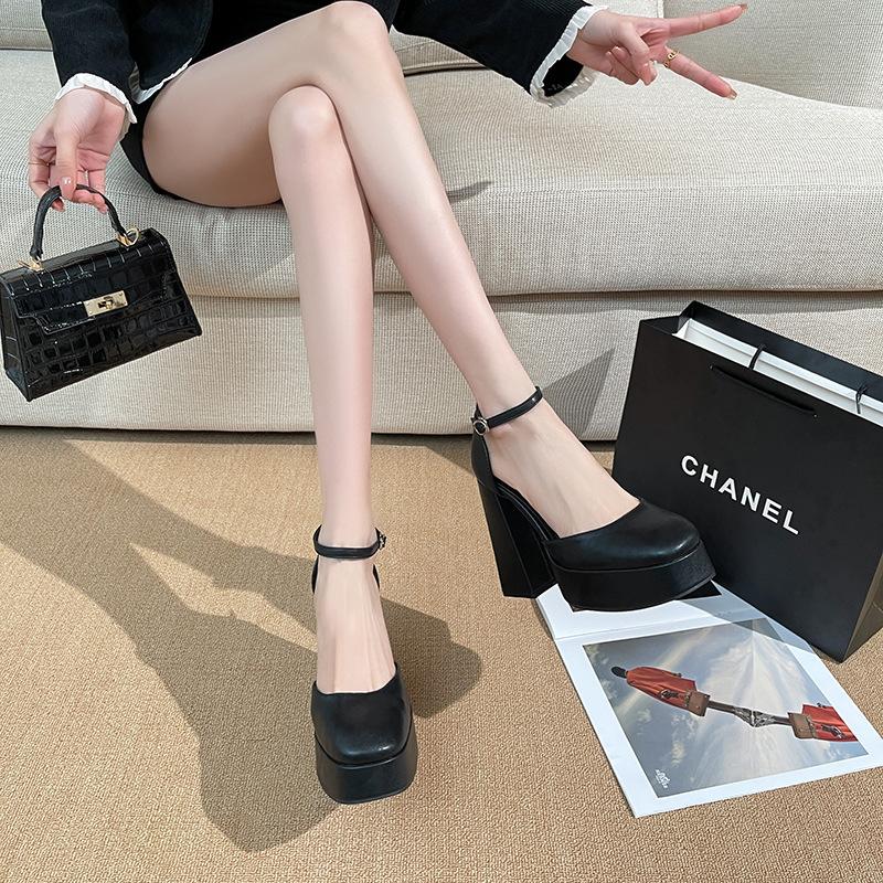 French Super High Heel Women's Shoes Lo One-word Buckle Strap Small High Heels Women's Waterproof Table Thick Heel Single Shoes Bag Head Sandals