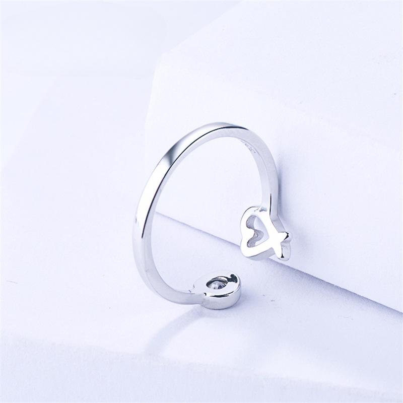 S925 Sterling Silver Heart-Shaped Open Ring Korean Style Sweet Rhinestone Heart-Shaped Female Silver Jewelry