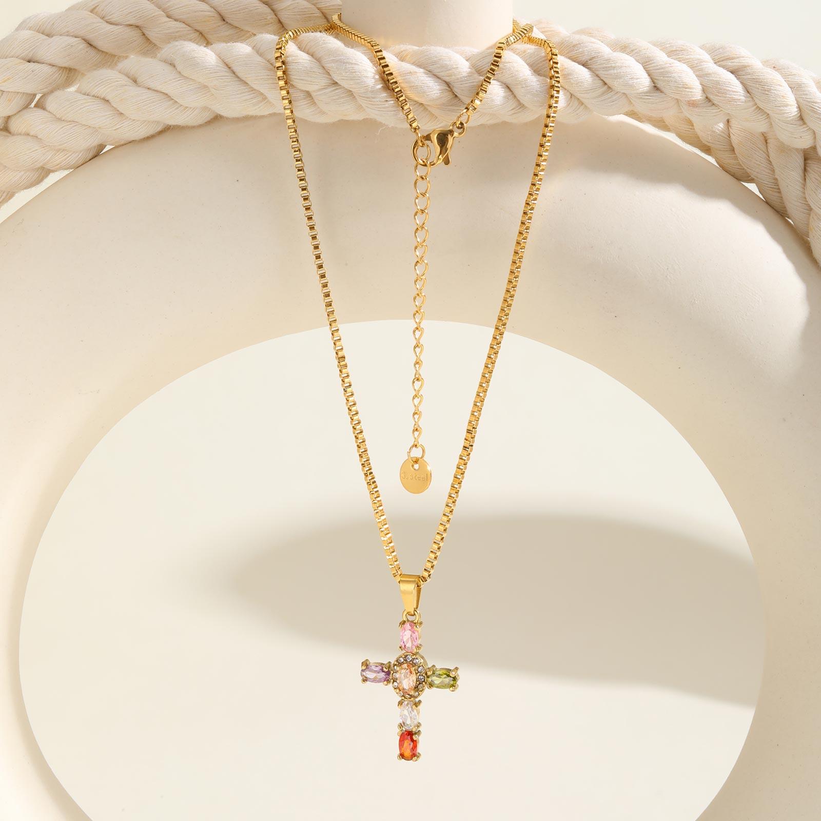 

Colorful Zircon Cross Necklace for Women,Stainless Steel Box Chain Necklaces,Holy Jewelry Gifts