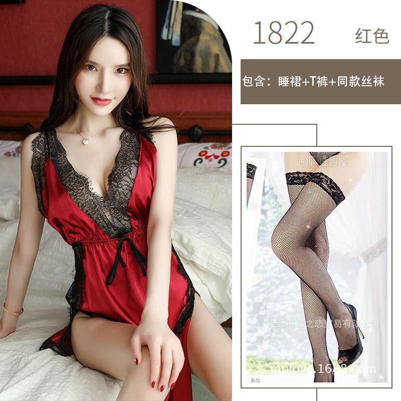 Sex Underwear Sexy Imitation Satin Cross Suspender Lace Open Chest Side Split