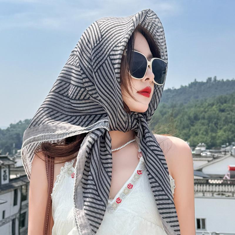 French striped 91 large square scarf cotton and linen silk scarf tube top women's belt summer seaside vacation headscarf sun protection shawl