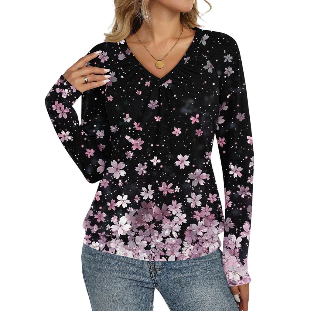 Women's Casual Fashion V-Neck Raglan Pleated Floral Print Long Sleeve Top