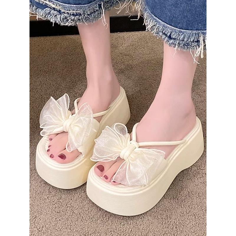Summer sweet fashion with skirt one-word slippers new go out niche bow platform sandals women