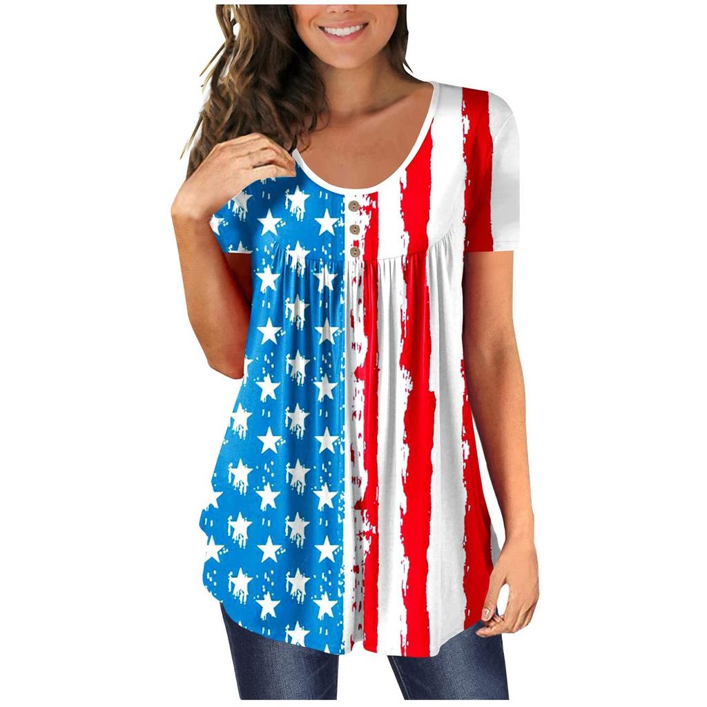 Women's Short Sleeve Tunic Loose Tops Casual Plus Size Tops Pleated Tunic Button T-Shirts