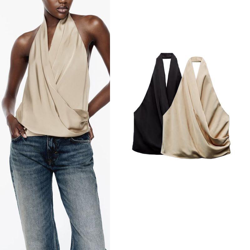 Fall and Winter New Arrival Vest Stylish Niche Style French Socialite Silk Satin Texture Hanging Collar Tops 7969240