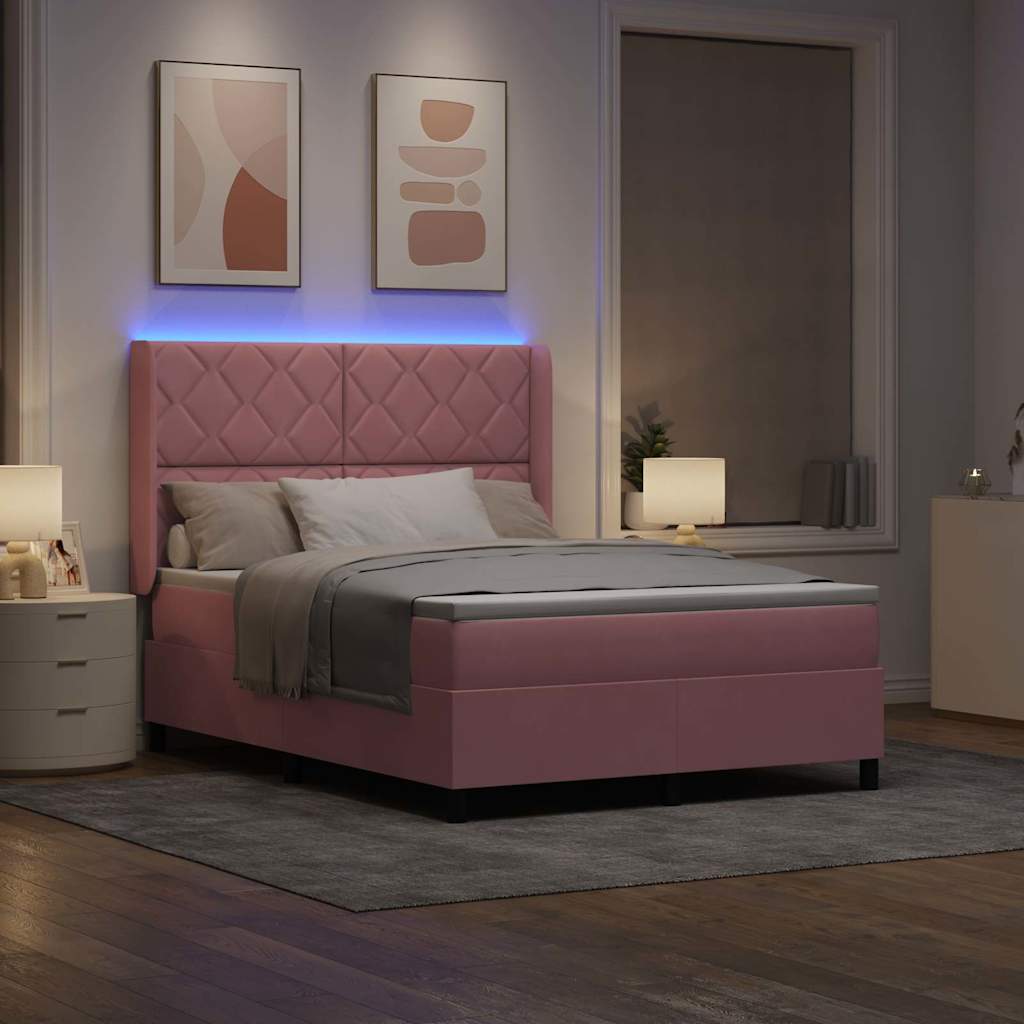Boxspring Bed with LED Light Strips Pink 160 X 200 Cm Velvet