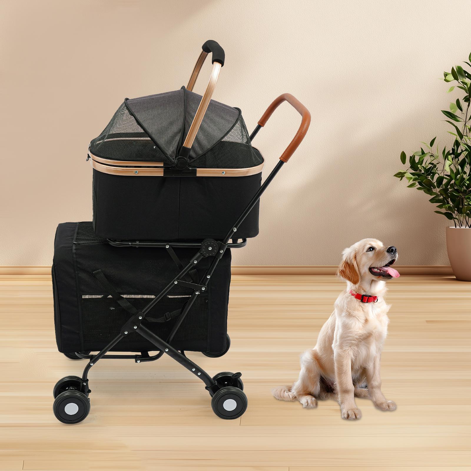 

Foldable 2-Tier Pet Stroller for Smal Dogs & Cats, Convertible & Detachable Design, Double Layer Carrier with 77lbs Capacity чёрный