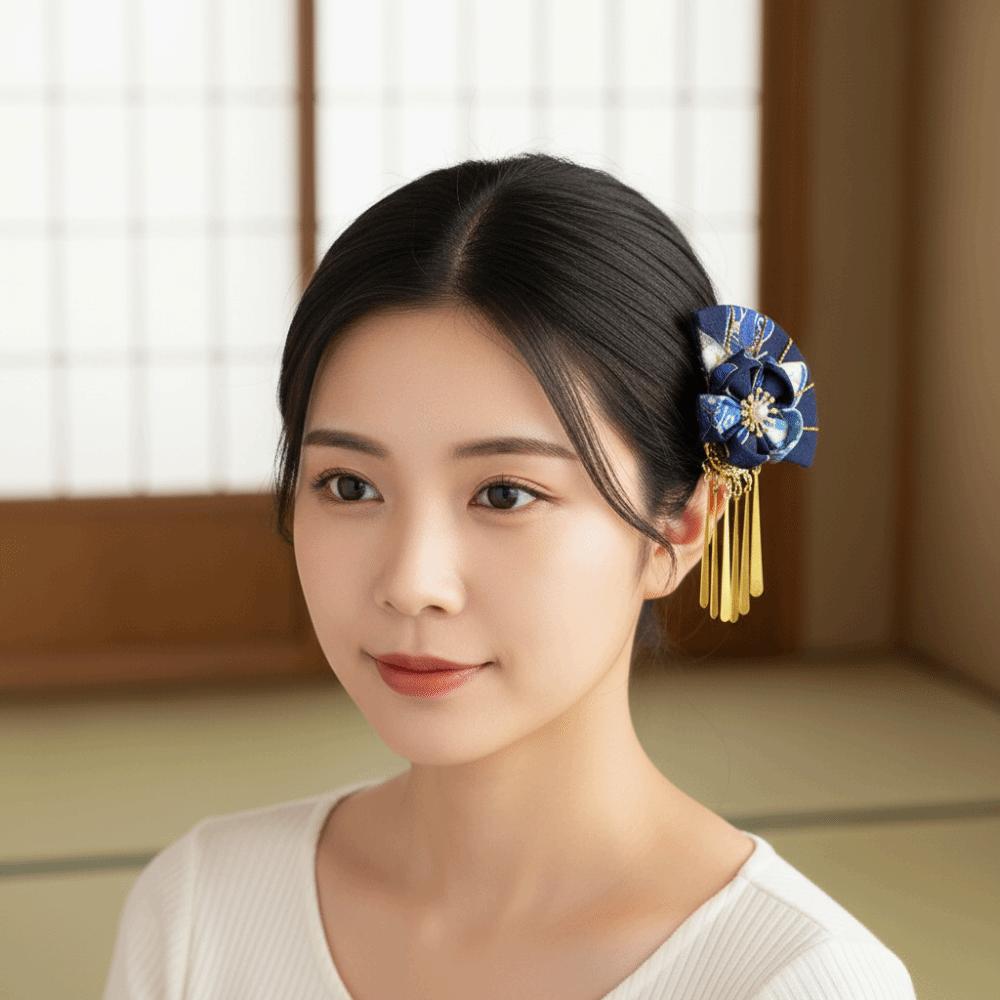Cute Elegant Kimono Hair Clip Metal Tassel Traditional Fan Shape Hairpin Sakura Flower Cloth Faux Pearl Decor Hair Clip Girls