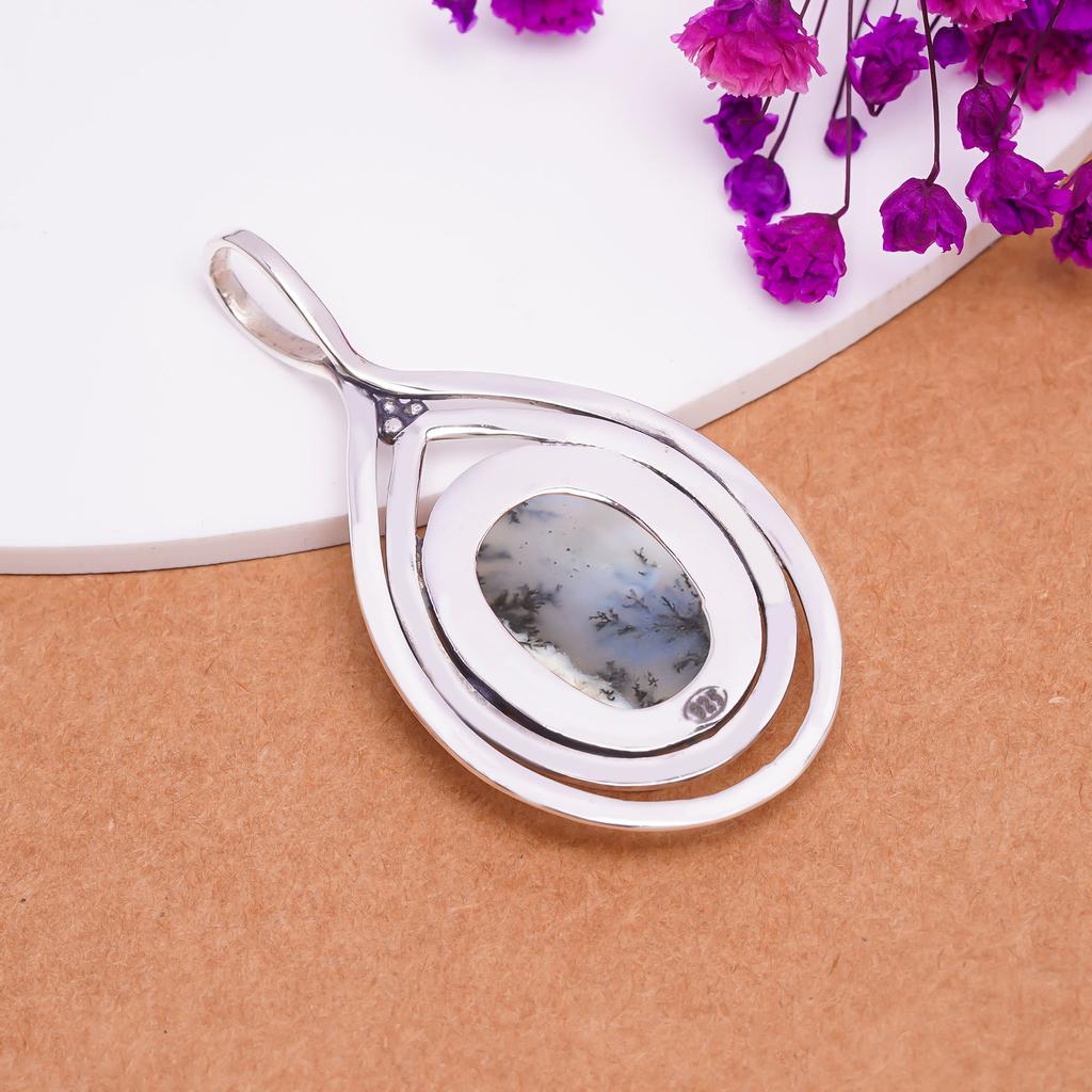 Dendritic Agate - Brazil 925 Sterling Silver Pendant V8253, White Pendant, Oval Pendant, Valentin's Day Gift, Gift For Her, Birthday Gift, Handmade Je