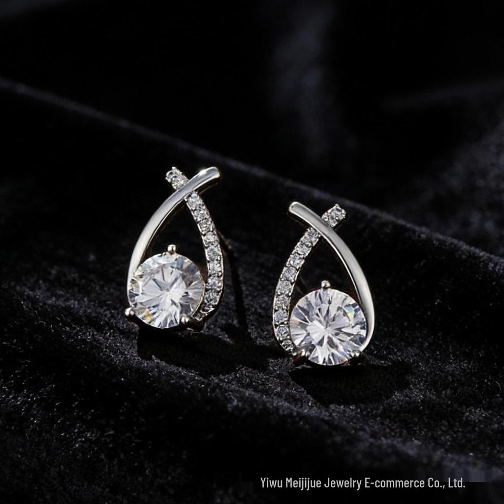 Korean Style Women's Elegant Diamond-Set Crossover Stud Earrings, Versatile and Sophisticated High-End Design.