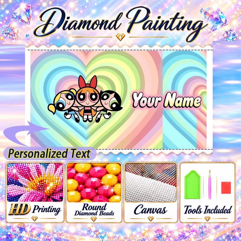The Powerpuff Girls 5D DIY Diamond Painting Custom Name Text, Full Drill Rhinestone Mosaic Art Home Gift