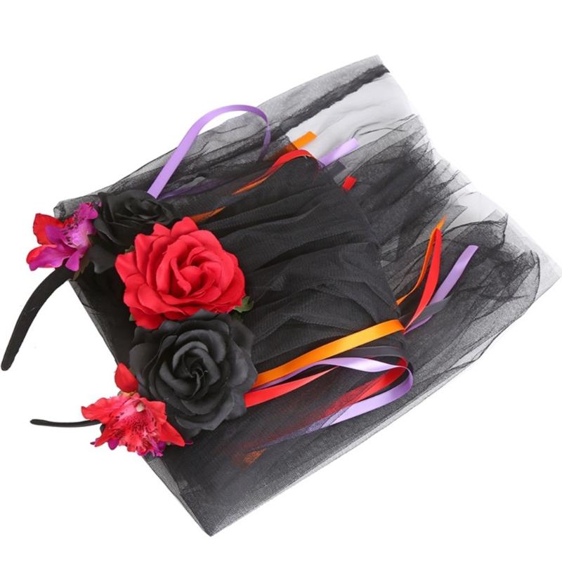 Gotisches Blumenhaarband mit Schleierband für Frauen Cosplay Party Kostüm Tag der Toten Kopfschmuck Feiertagsaccessoires