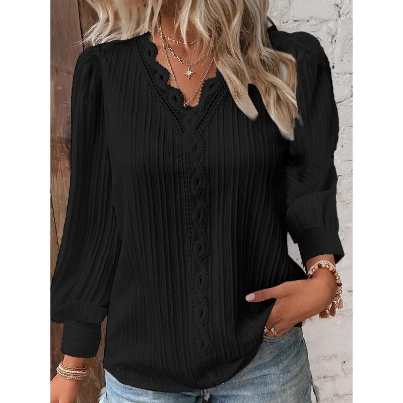 Autumn Long-sleeved V-neck Lace Splicing Shirt Blouse Women's Clothing