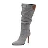 Fashion Women's Autumn and Winter New Pleated High-heeled Short Boots Pointed Zip Knee-length Boots Women's 34-50 Large Mid Length Boots