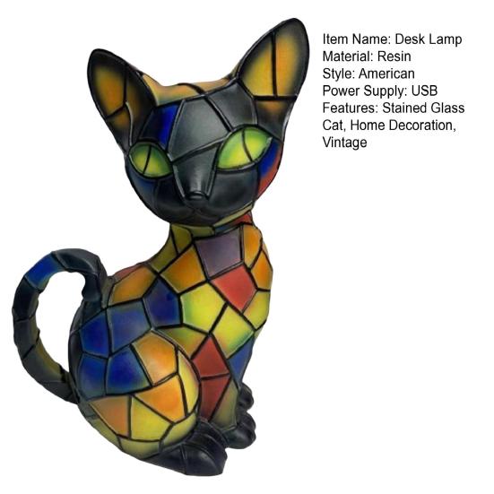 Stained Glass Cat Table Lamp USB Powered Vintage Animal Night Light Home Office Bedroom Kids Room Bedside LED Desk Lamp