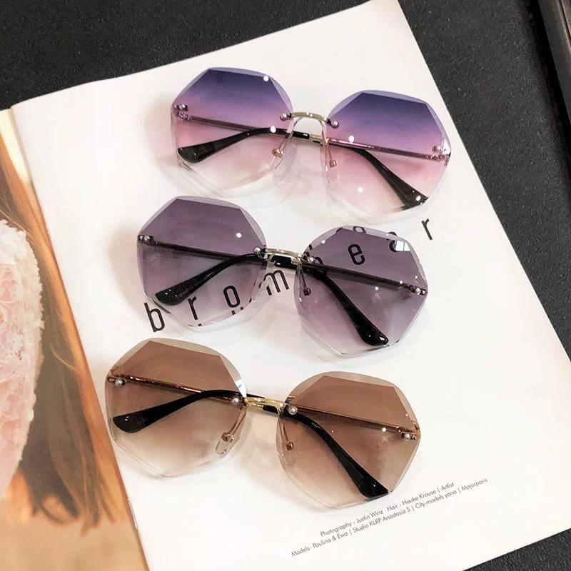 Geometric Oversized Sunglasses Octagonal Rimless Gradient Lens UV Protection Lightweight Frame for Outdoor Activities Women Men