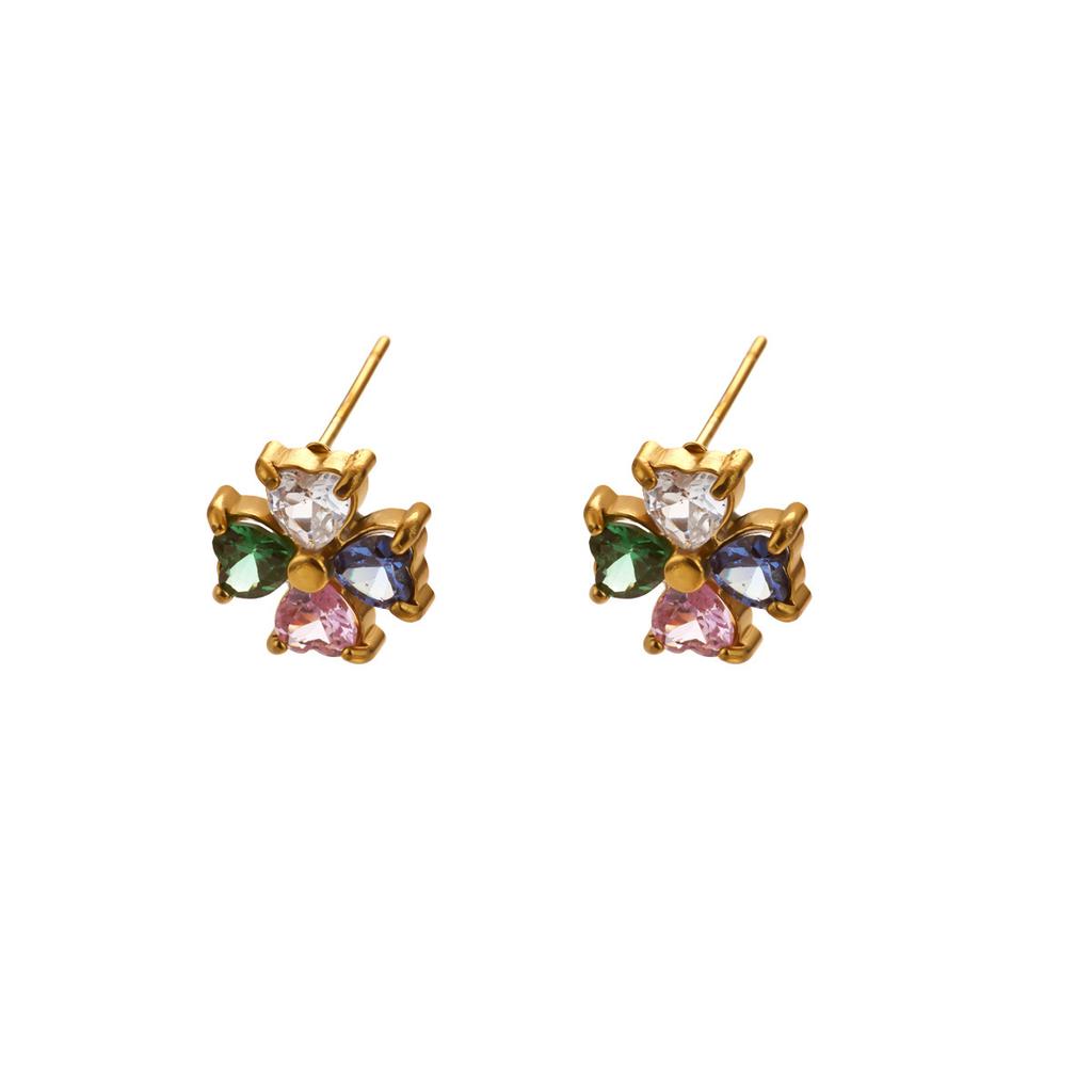 Vierblättrige Kleeblüten-Steckohrringe für Damen, eingelegt mit farbigem Zirkon, vielseitiger Ohrschmuck aus Edelstahl, 18K Gold-beschichtet