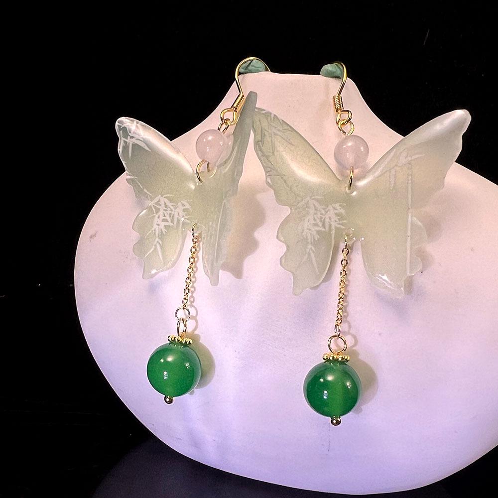 Original Chinese Aventurine Chalcedony Gold-Plated Butterfly Calligraphy Retro Earrings