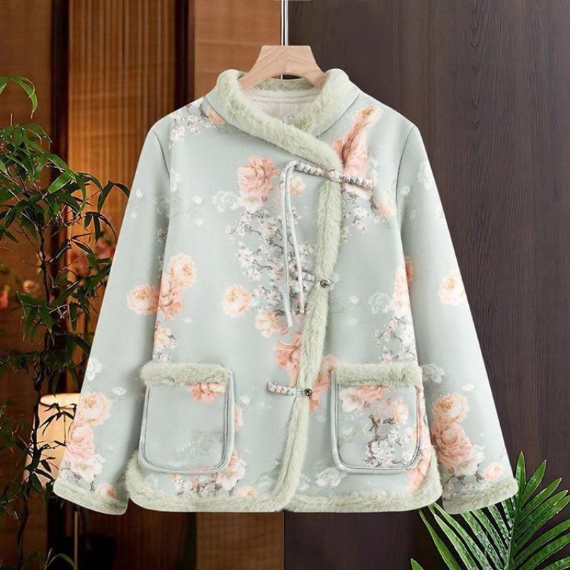 Padded jacket winter velvet thickened mother outfit retro new buckle jacket padded jacket padded jacket Chinese warm woman