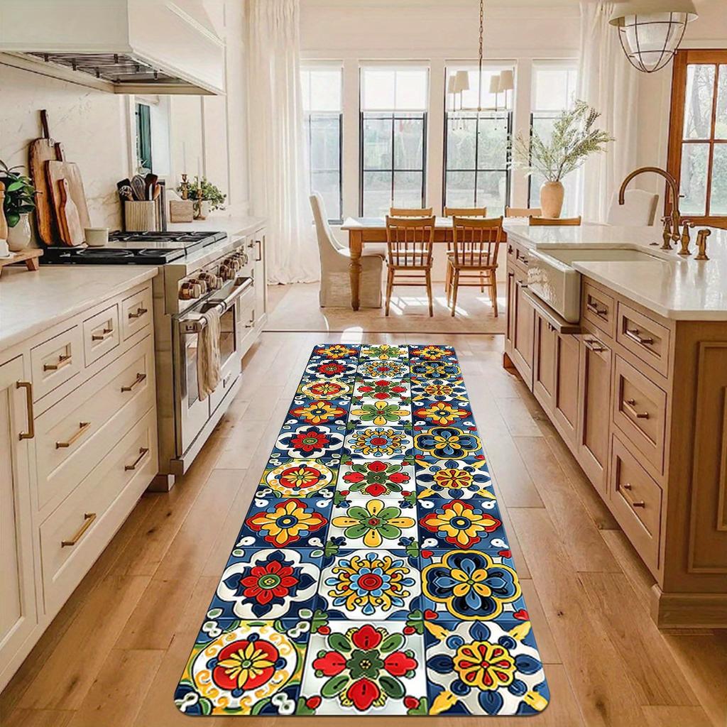 Mexican Talavera Floral Tile Kitchen Runner Rug Waterproof Oil‑proof Non‑slip Long Floor Mat For Kitchen Space Rug