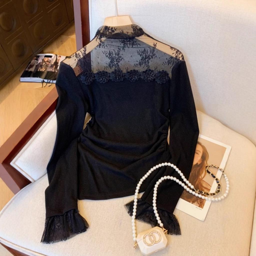Mesh Pile Collar Three-dimensional Flower Base Shirt Korean Style Slim Long-sleeved T-shirt Top