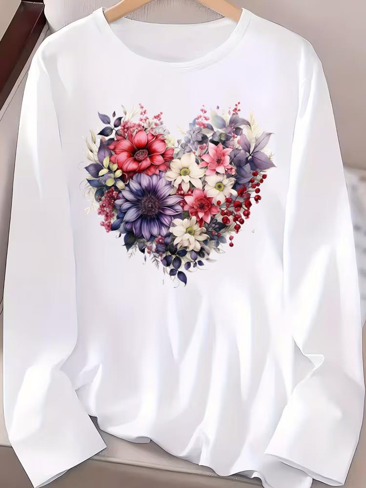 (Asian Size) Love Flower Style Casual Clothing Graphic Tee Women Autumn Winter Spring Fashion Top O-neck Print T Shirt Long Sleeve T-shirts