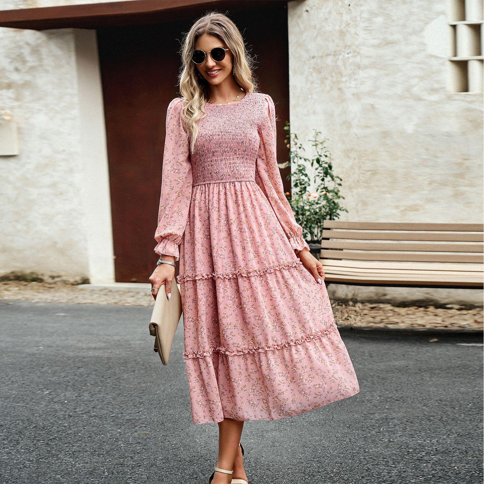 

Женское осеннее элегантное длинное платье с принтом и высокой талией, с круглым вырезом и рукавами-фонариками L розовый